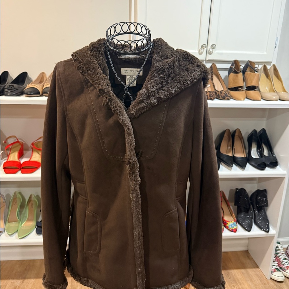 Jones New York Chocolate Teddy Jacket with Faux Fur Collar